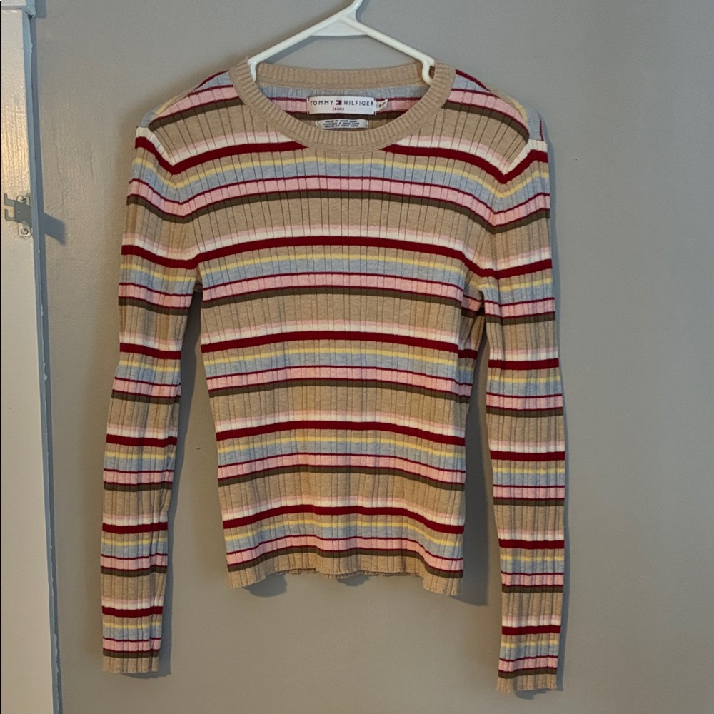 Tommy Hilfiger Beige Multi-Color Striped Ribbed Long Sleeve Top